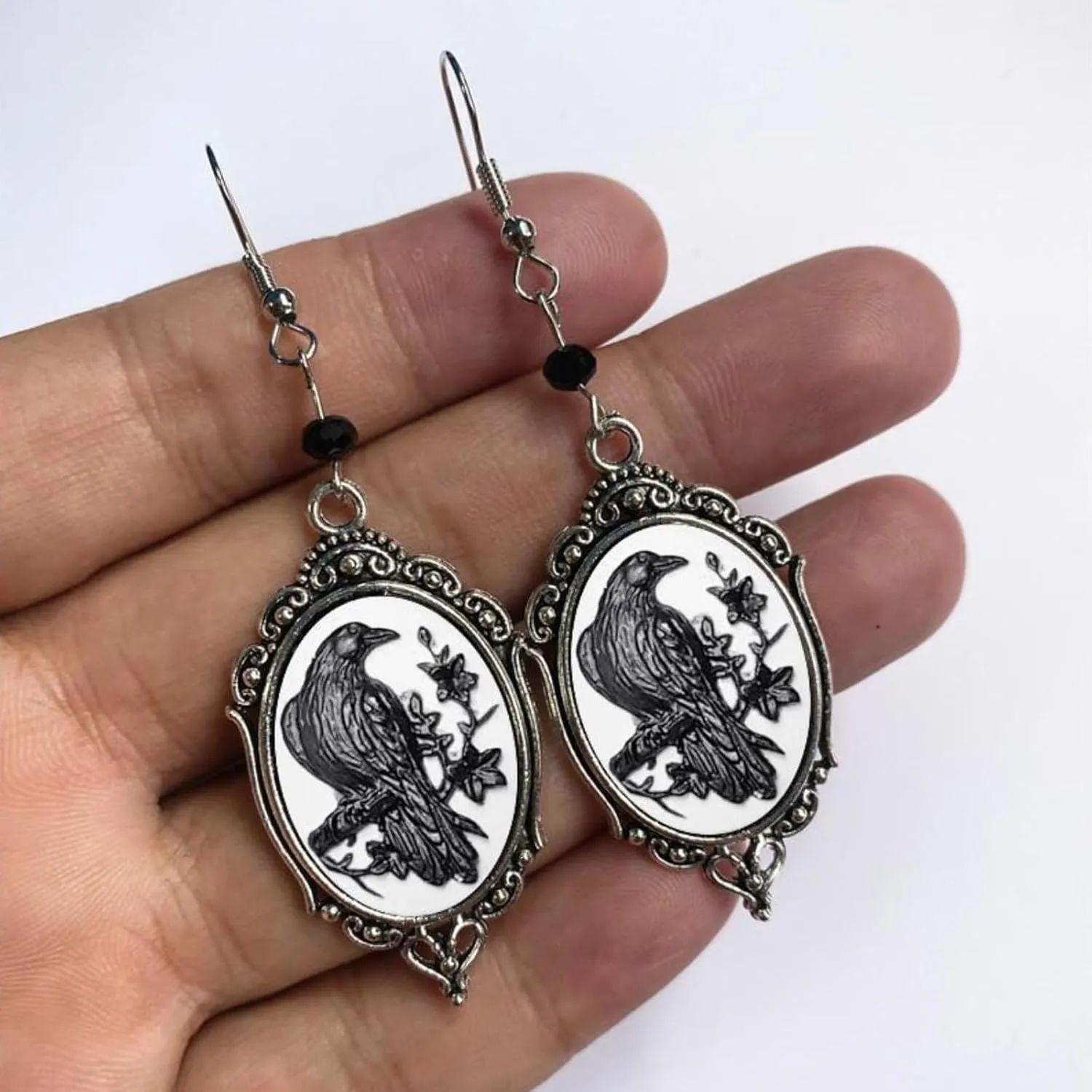 Gothic Raven Cross Glass Dangle Earrings,Vintage Victorian Drop Earrings Goth Crystal Gem Crow Earrings Mystic Witch Halloween Jewelry Gift Accessories