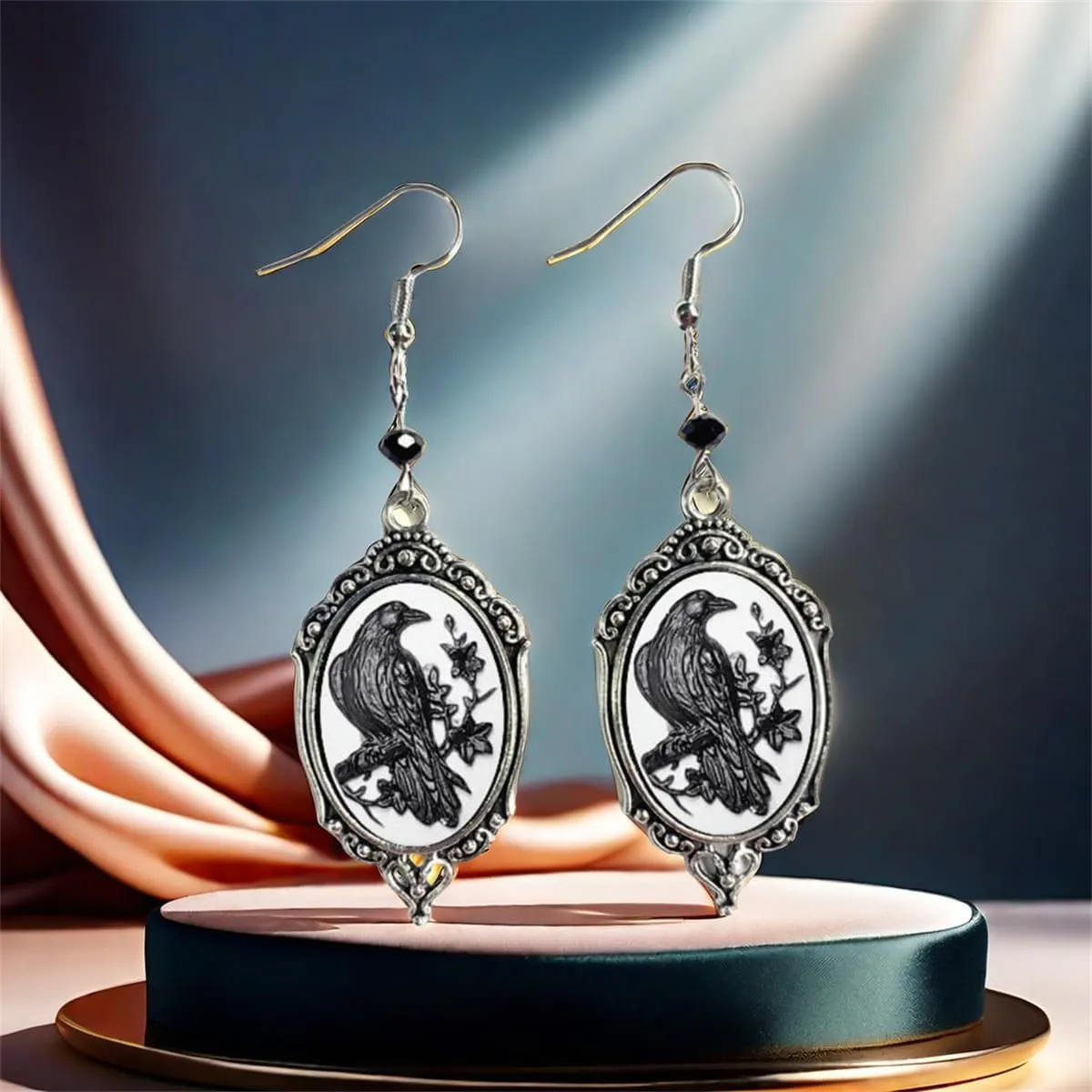 Gothic Raven Cross Glass Dangle Earrings,Vintage Victorian Drop Earrings Goth Crystal Gem Crow Earrings Mystic Witch Halloween Jewelry Gift Accessories