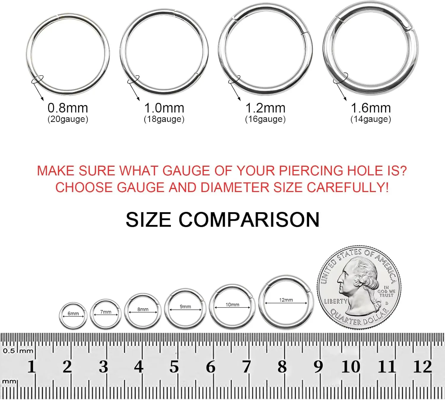 Grade 23 Titanium Nose Rings Hoops Body Piercing Rings Helix Cartilage Rook Earrings 20G 18G 16G, Diameter 6mm-10mm Black/Silver/Gold/Rose Gold/Pink