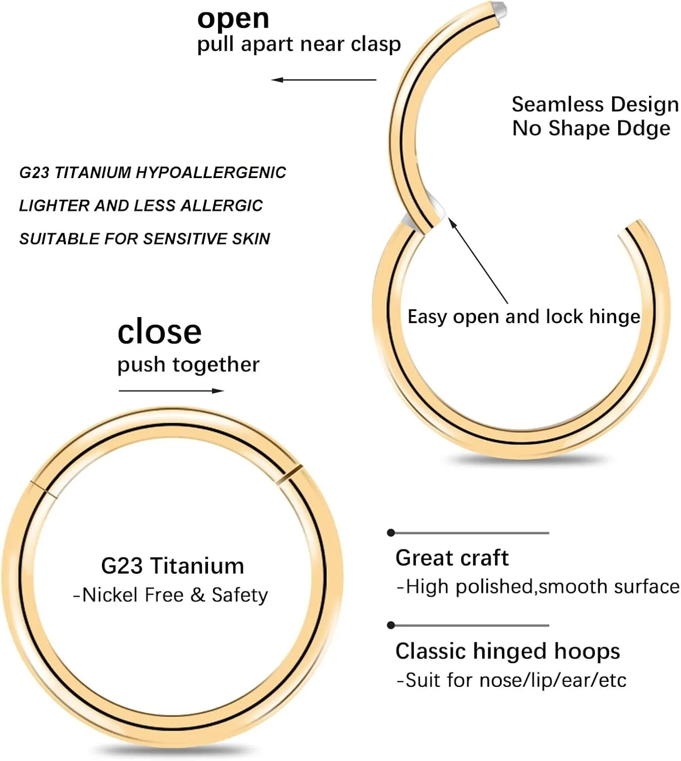 Grade 23 Titanium Nose Rings Hoops Body Piercing Rings Helix Cartilage Rook Earrings 20G 18G 16G, Diameter 6mm-10mm Black/Silver/Gold/Rose Gold/Pink