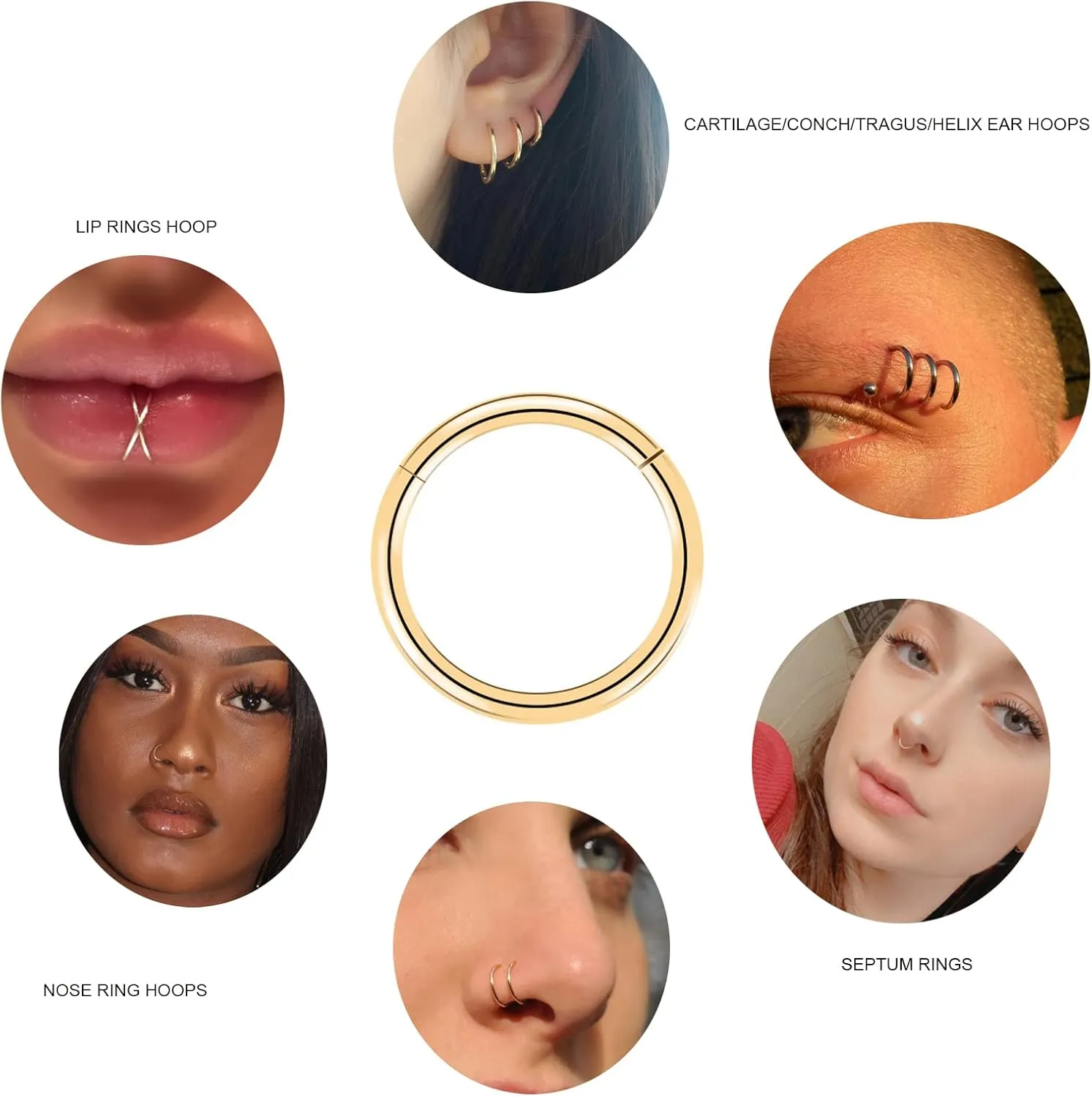 Grade 23 Titanium Nose Rings Hoops Body Piercing Rings Helix Cartilage Rook Earrings 20G 18G 16G, Diameter 6mm-10mm Black/Silver/Gold/Rose Gold/Pink