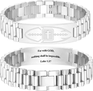 Graduation Gifts for Him Bracelets for Men Boys Football Cross Bracelet Masculine Stainless Steel Watch Band Engraved Bible Verse Baptism Christian Jewelry Graduation Gifts