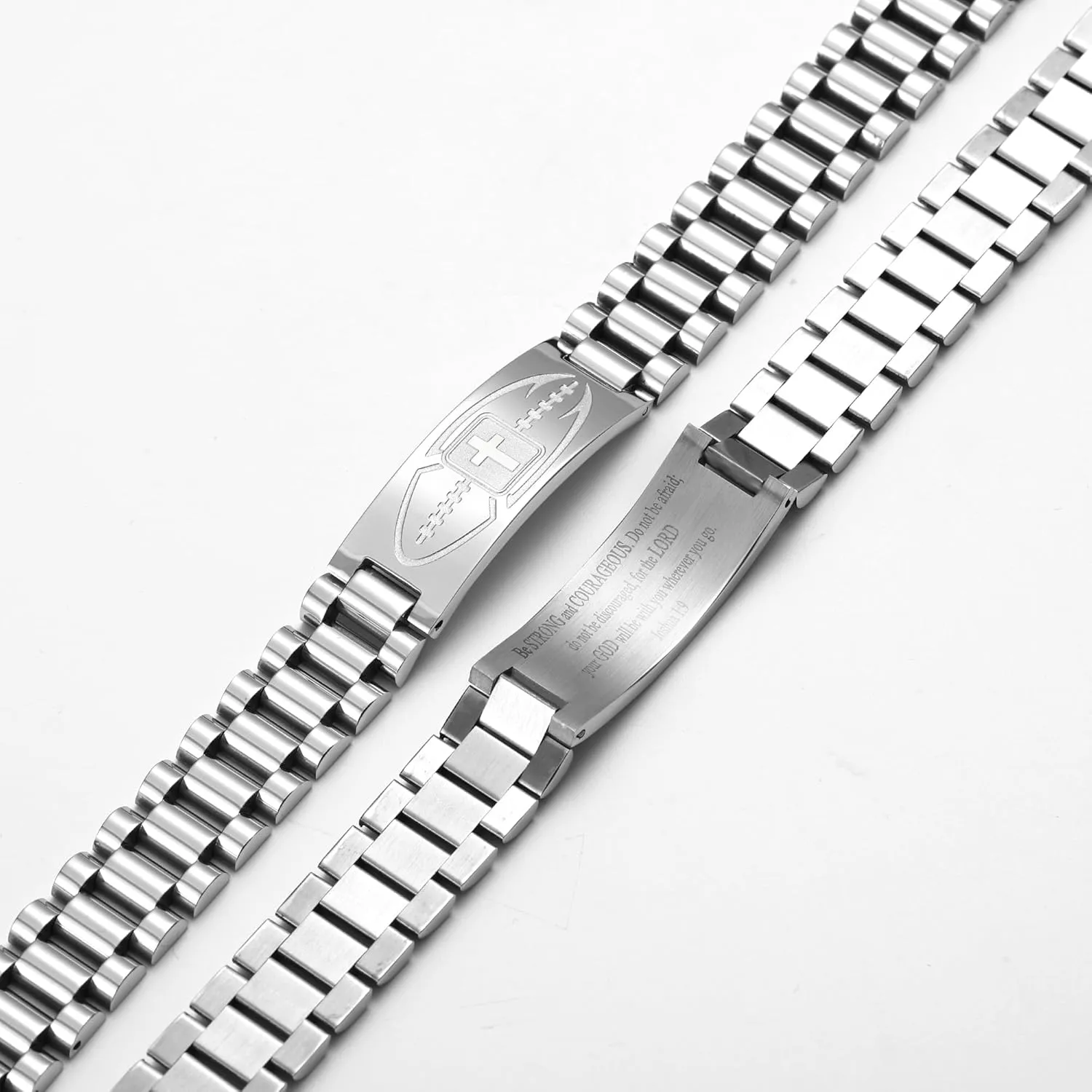 Graduation Gifts for Him Bracelets for Men Boys Football Cross Bracelet Masculine Stainless Steel Watch Band Engraved Bible Verse Baptism Christian Jewelry Graduation Gifts