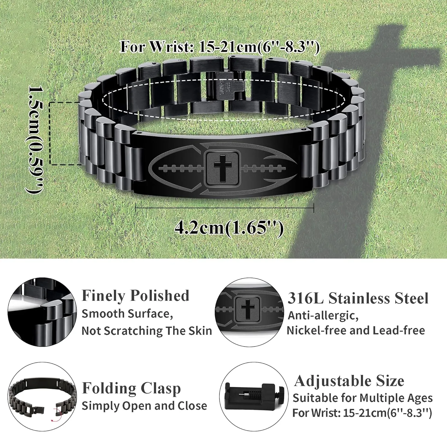 Graduation Gifts for Him Bracelets for Men Boys Football Cross Bracelet Masculine Stainless Steel Watch Band Engraved Bible Verse Baptism Christian Jewelry Graduation Gifts