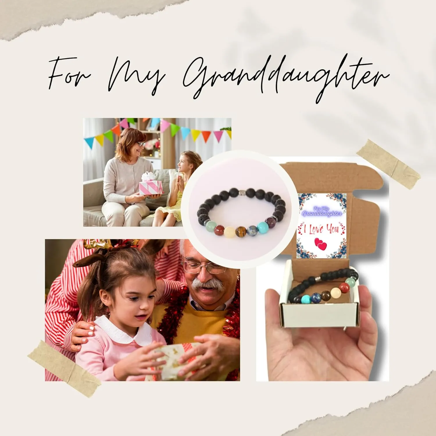 Granddaughter Gifts from Grandma & Grandpa | 7 Chakra Bracelet Natural Stone | Bead Bracelets for Teens | Little Girls' Jewelry | Gifts for Teen Girls | Baptism Gifts for Girl | Birthday Gifts