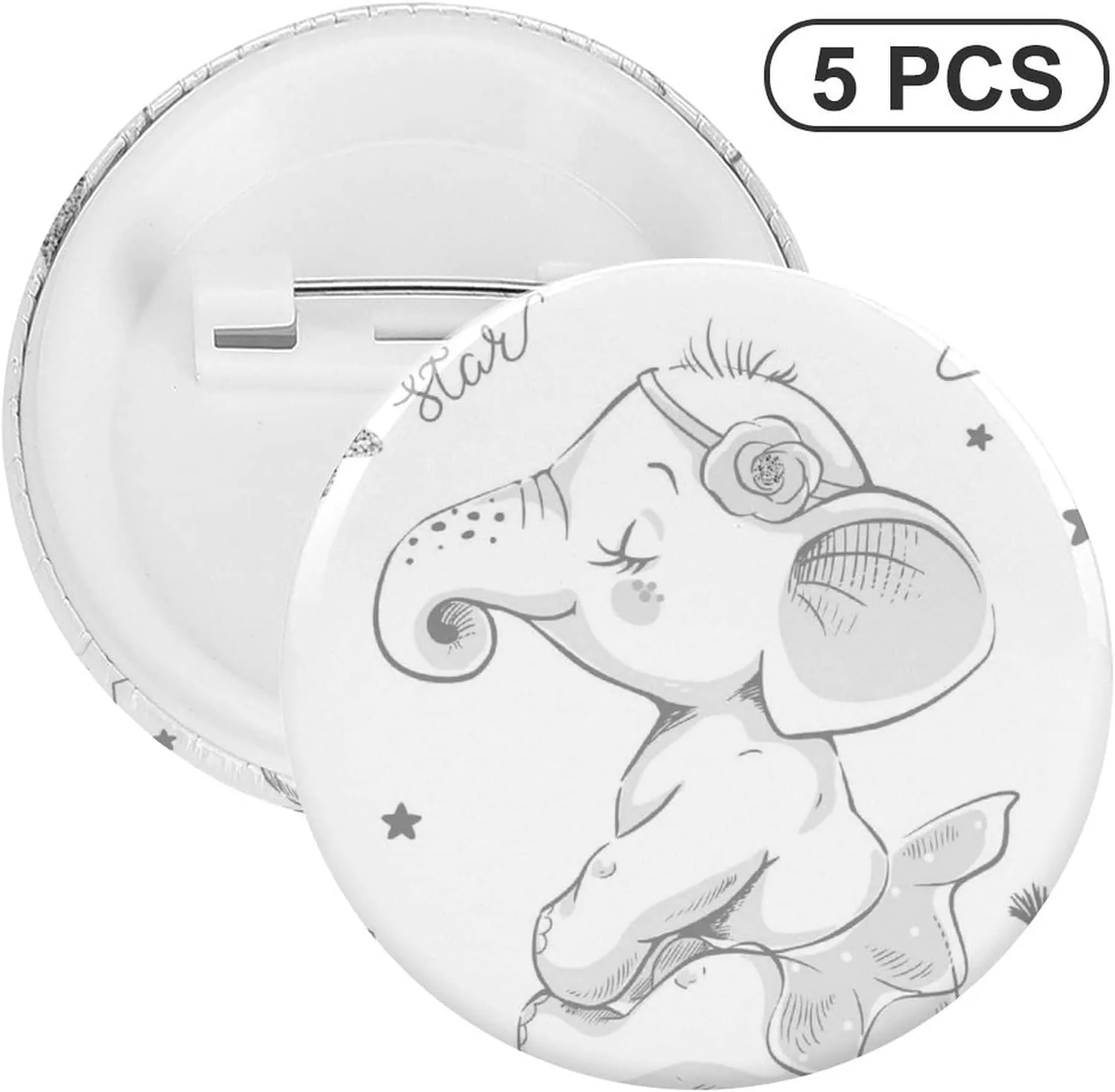 Hand Drawn Cute Cartoon Elephant Ballerina Girl Flower Star on White 5 PCs Round Tinplate Badge, Badge Lapel Tie Pin, Lightweight Button Badge for Women Men Office Worker Teacher Student Decor