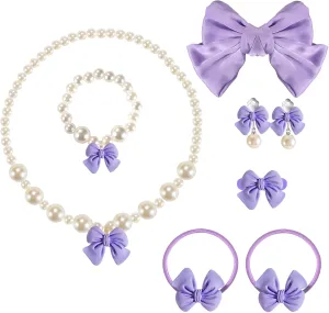 Handmade Bow Pearl Kids Jewelry for Little Girls Toddler Set of 8 pcs - Hair Bows Clips Ties - Stretch Necklace Bracelets Rings and Clip on Earrings - Cute Princess Dress Up Gifts