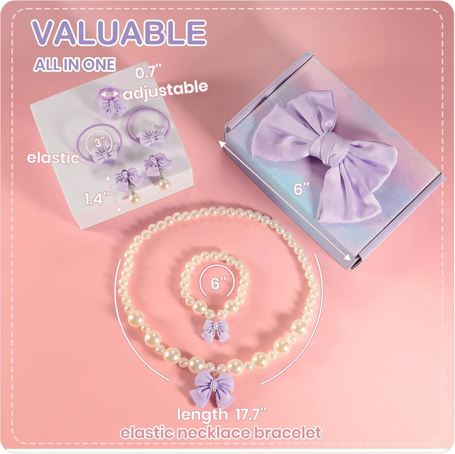 Handmade Bow Pearl Kids Jewelry for Little Girls Toddler Set of 8 pcs - Hair Bows Clips Ties - Stretch Necklace Bracelets Rings and Clip on Earrings - Cute Princess Dress Up Gifts