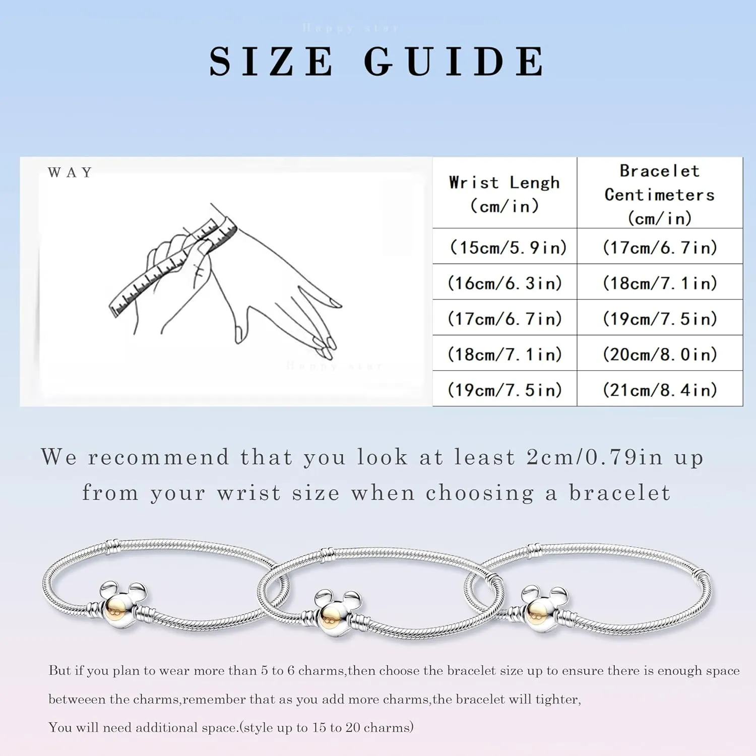 HappyStar 925 Sterling Silver Snake Chain Bracelet Fully compatible with Pandora charms, With Mickey Mouse head Clasp Charm Bracelets Gifts for Teen Women