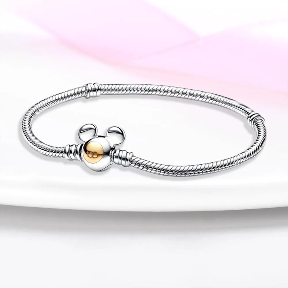 HappyStar 925 Sterling Silver Snake Chain Bracelet Fully compatible with Pandora charms, With Mickey Mouse head Clasp Charm Bracelets Gifts for Teen Women