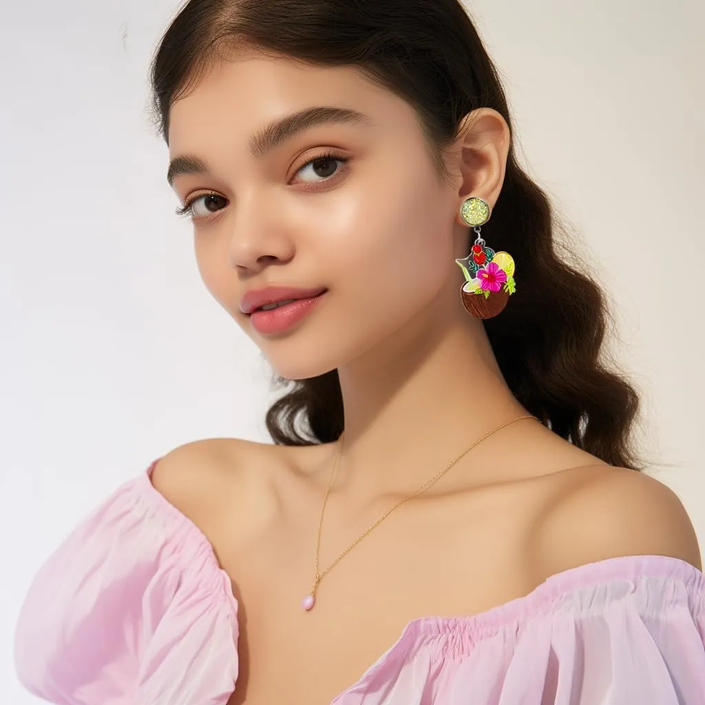 Hawaiian Cocktail Drink Earrings Bohemia Colorful Cute Wineglass Drop Dangle Earrings for Women Summer Beach Party Vacation Earrings Holiday Jewelry Gift