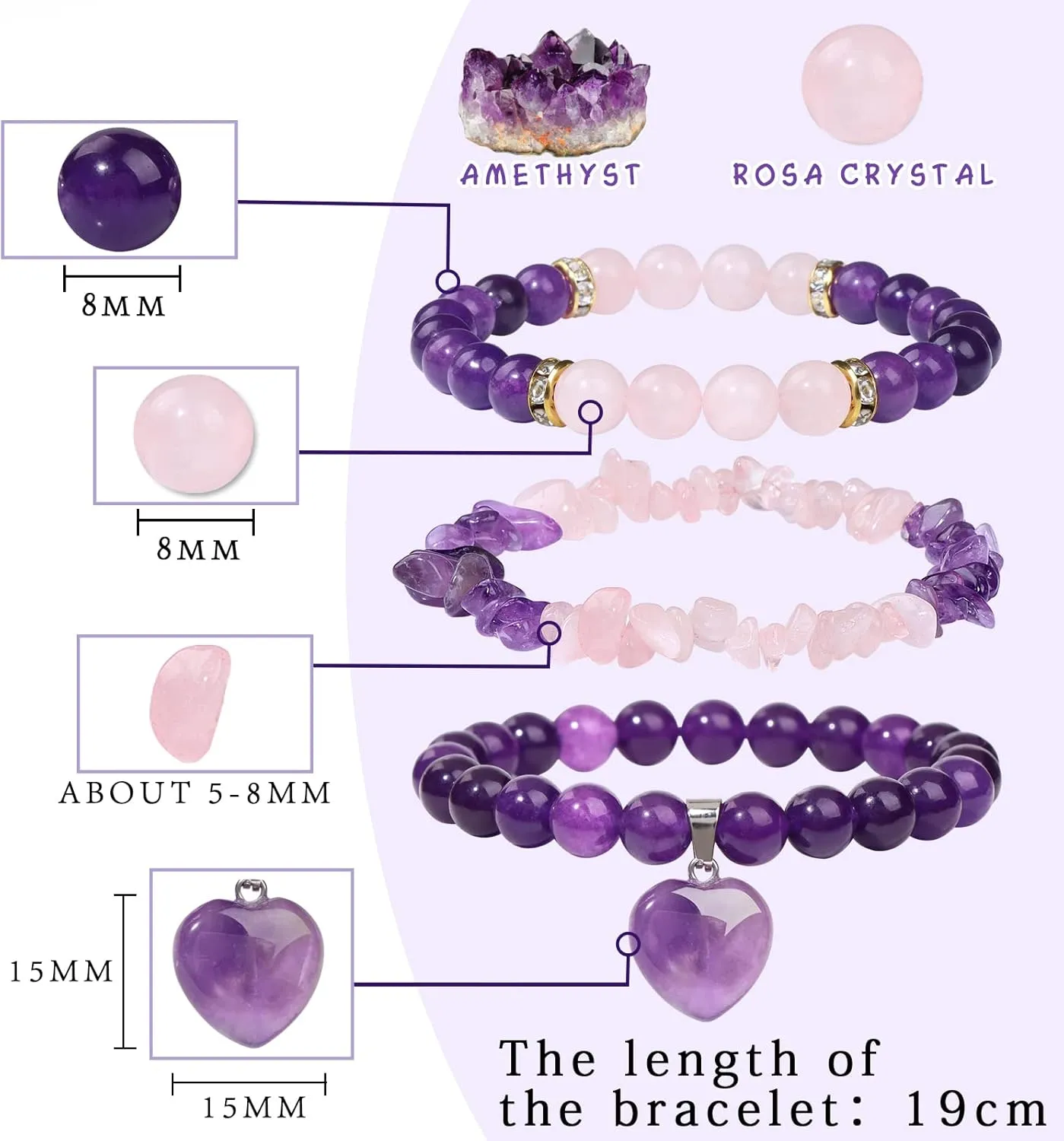 Healing Crystal Beaded Bracelets for Women,Natural Amethyst Gemstones Bracelet,Anxiety Stress Relief Heart Charm Bracelet Handmade purple Jewelry Gifts for Women