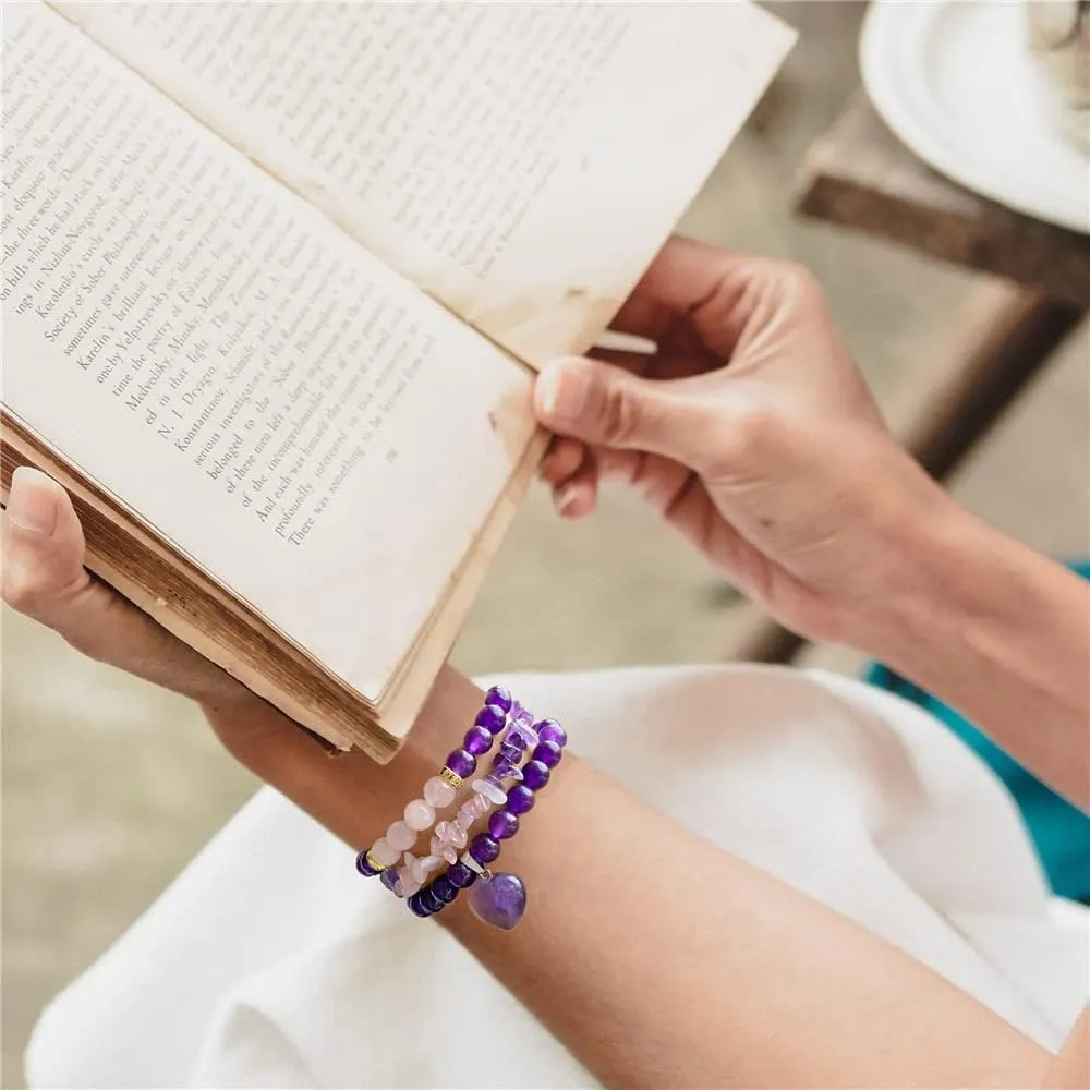Healing Crystal Beaded Bracelets for Women,Natural Amethyst Gemstones Bracelet,Anxiety Stress Relief Heart Charm Bracelet Handmade purple Jewelry Gifts for Women