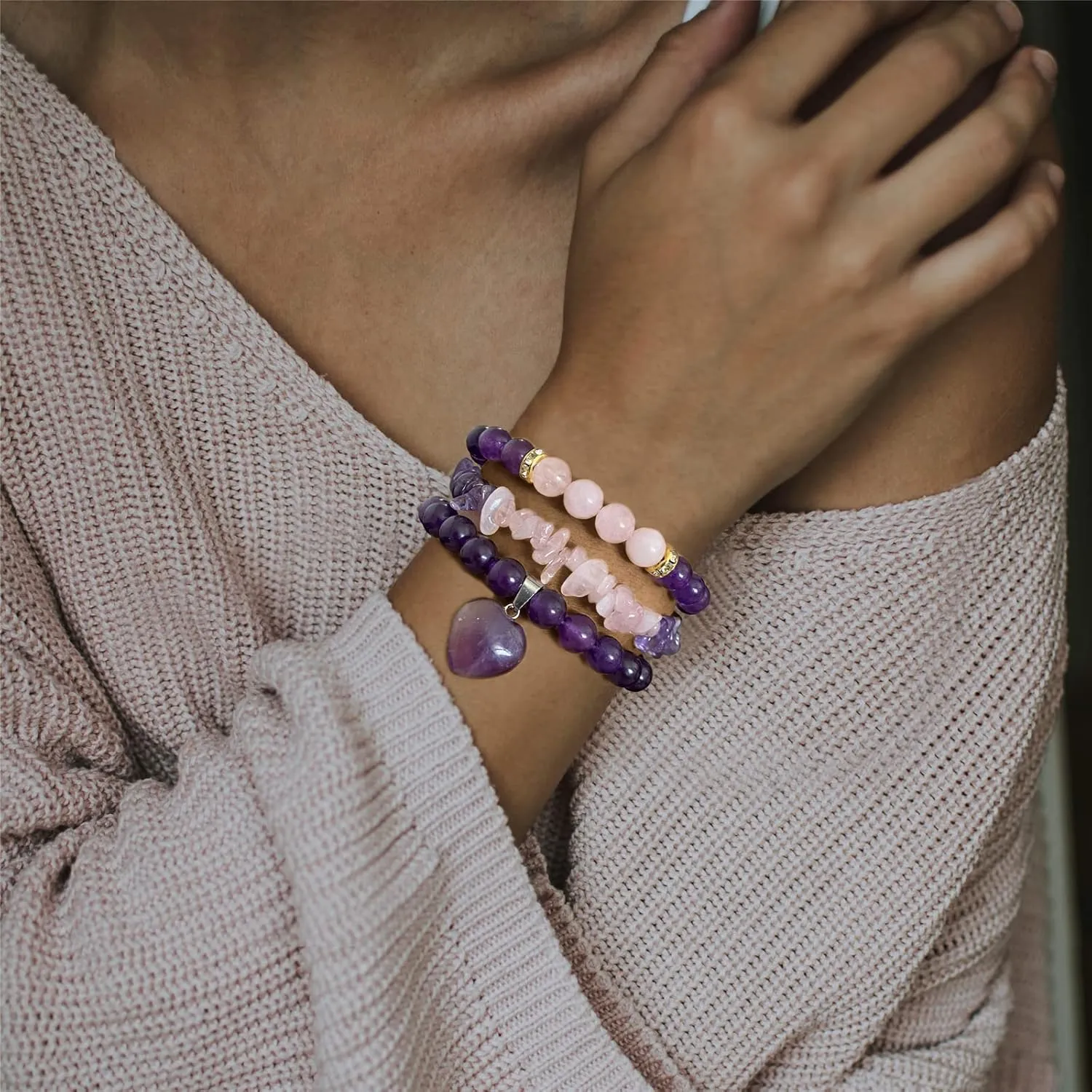 Healing Crystal Beaded Bracelets for Women,Natural Amethyst Gemstones Bracelet,Anxiety Stress Relief Heart Charm Bracelet Handmade purple Jewelry Gifts for Women