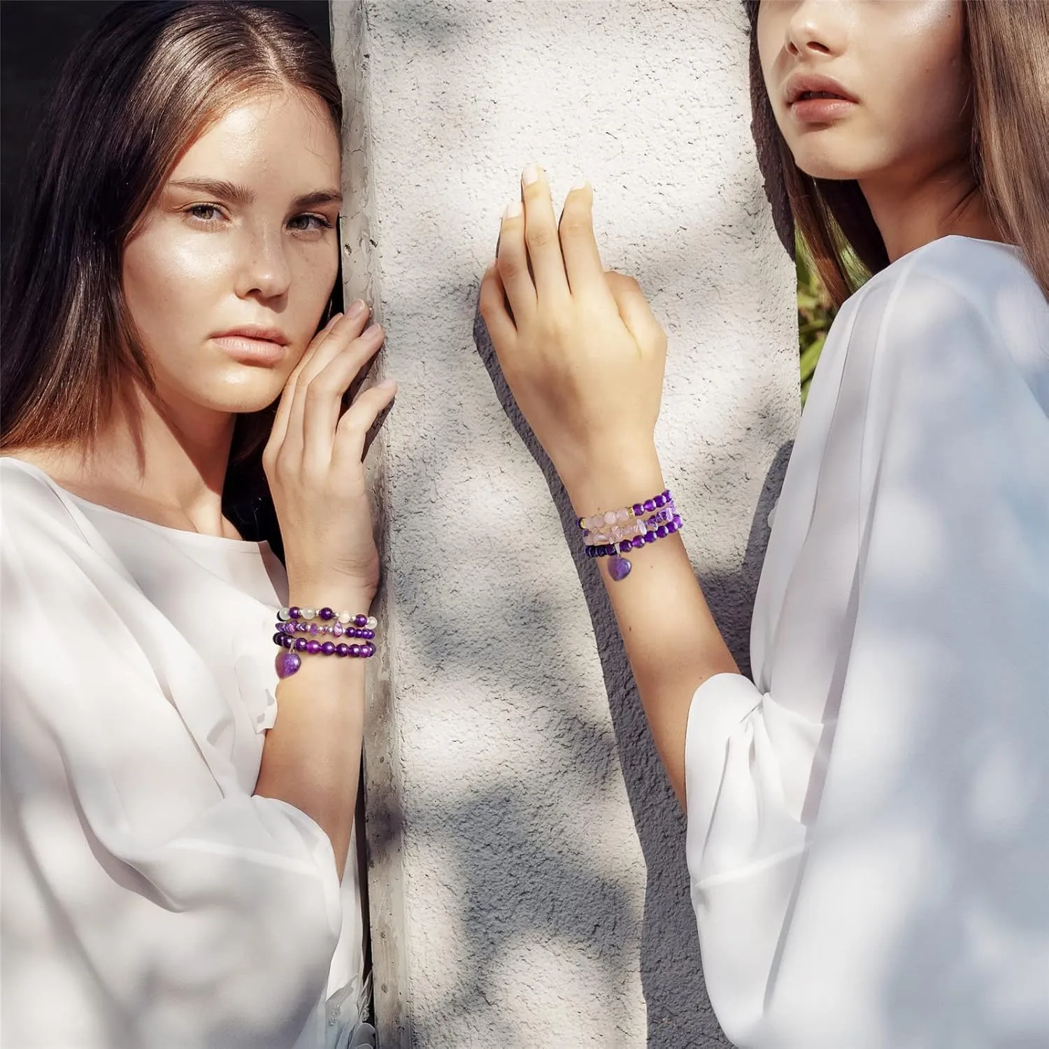 Healing Crystal Beaded Bracelets for Women,Natural Amethyst Gemstones Bracelet,Anxiety Stress Relief Heart Charm Bracelet Handmade purple Jewelry Gifts for Women