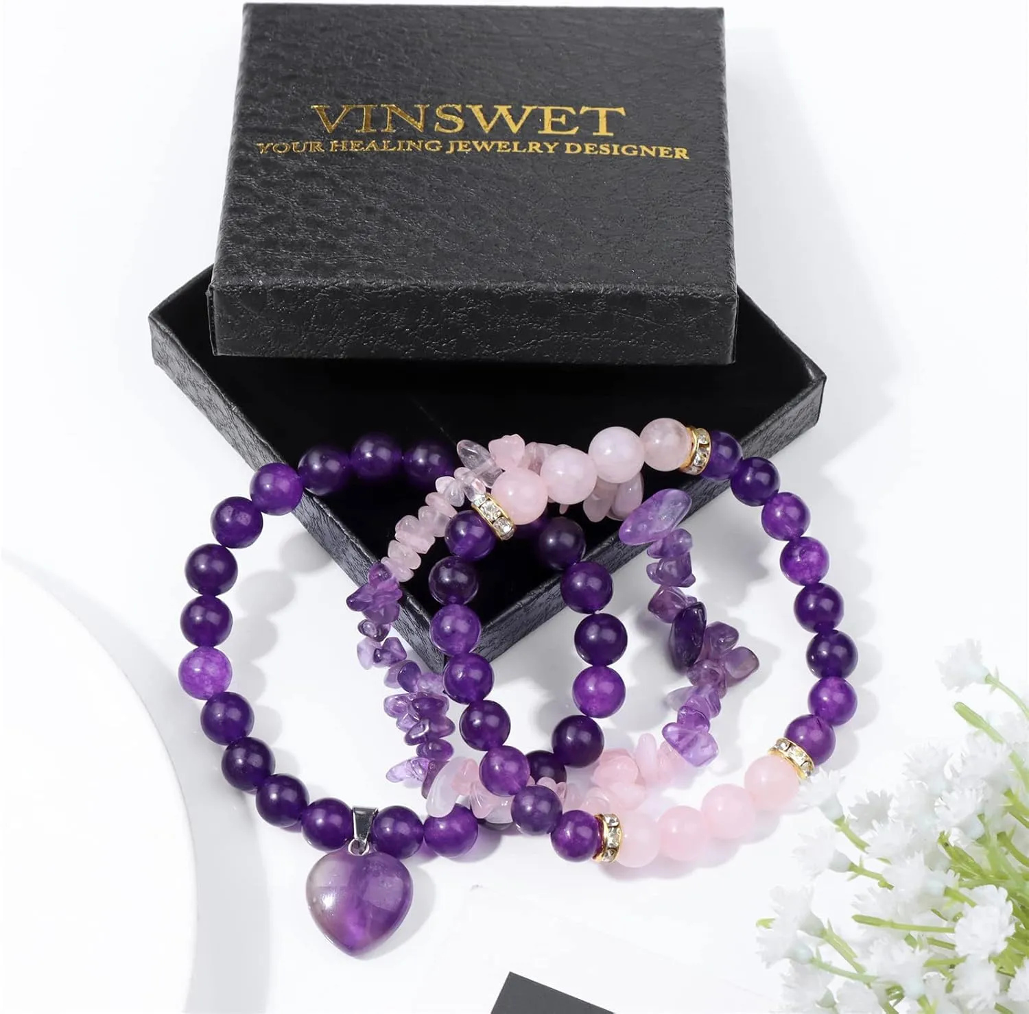 Healing Crystal Beaded Bracelets for Women,Natural Amethyst Gemstones Bracelet,Anxiety Stress Relief Heart Charm Bracelet Handmade purple Jewelry Gifts for Women