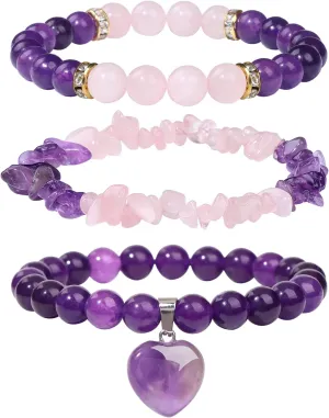 Healing Crystal Beaded Bracelets for Women,Natural Amethyst Gemstones Bracelet,Anxiety Stress Relief Heart Charm Bracelet Handmade purple Jewelry Gifts for Women