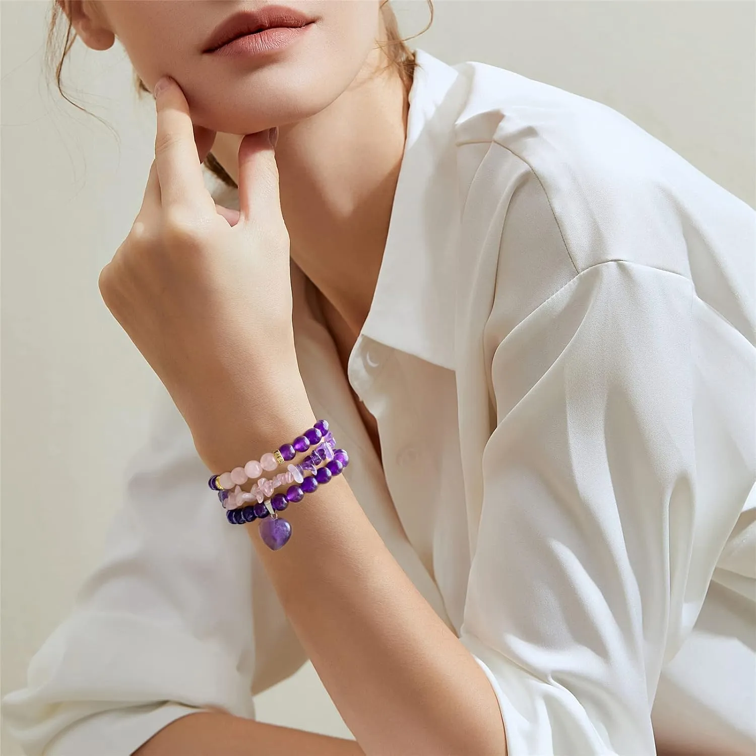Healing Crystal Beaded Bracelets for Women,Natural Amethyst Gemstones Bracelet,Anxiety Stress Relief Heart Charm Bracelet Handmade purple Jewelry Gifts for Women