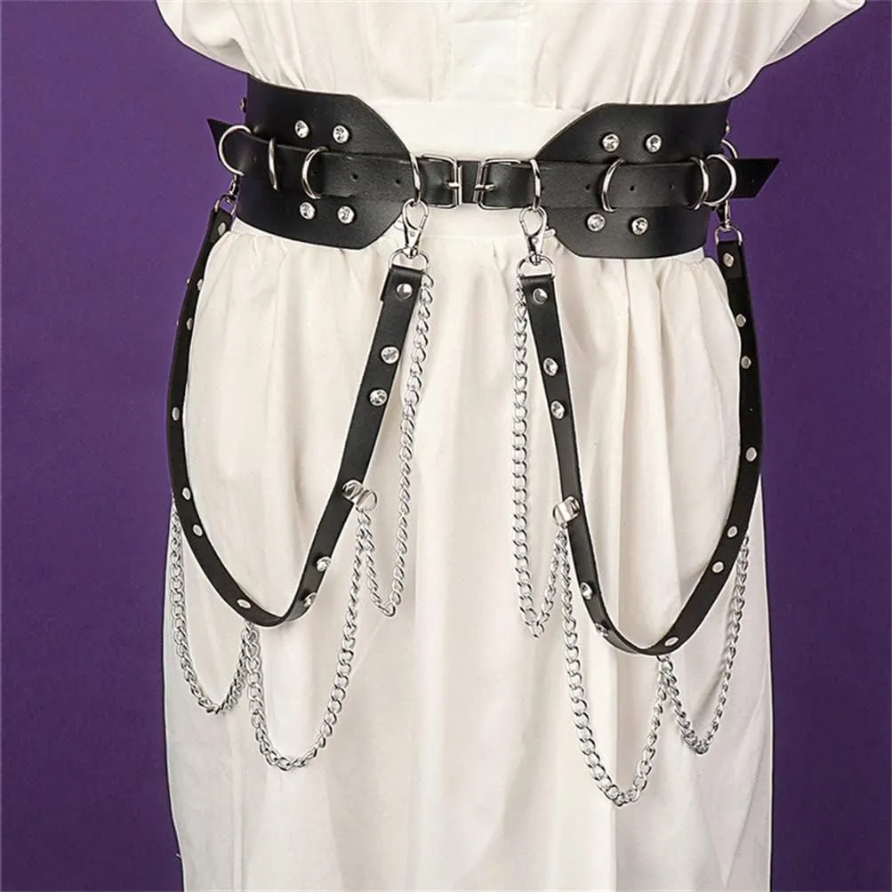 HeiBai Xiong Punk Goth Belts Rock Leather Waist Chain Belt For Women