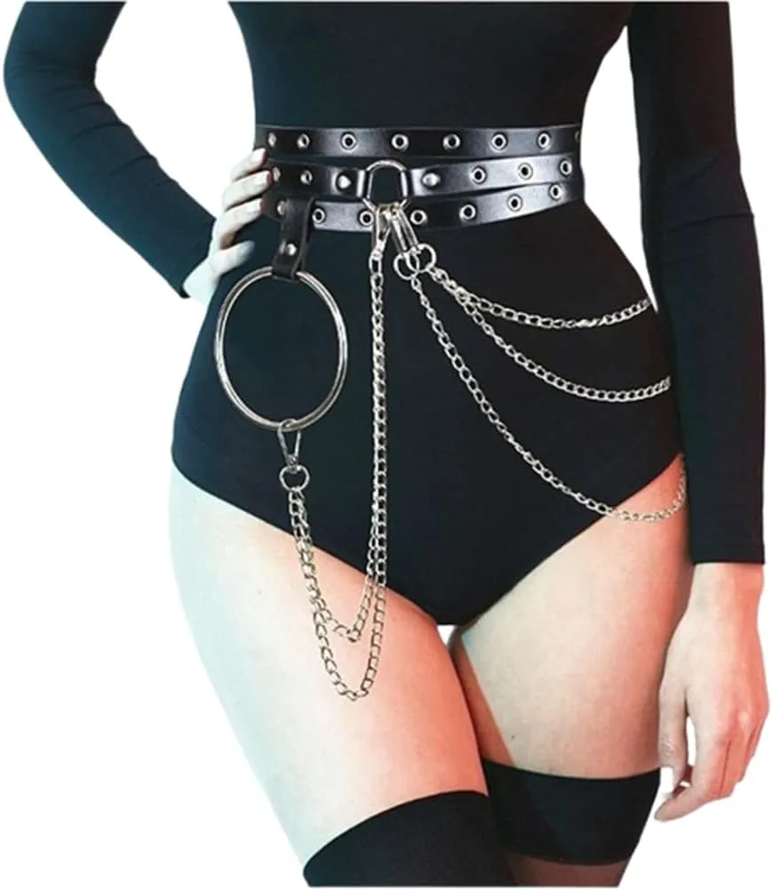 HeiBai Xiong Punk Goth Belts Rock Leather Waist Chain Belt For Women