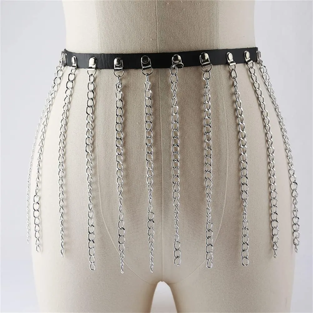 HeiBai Xiong Punk Goth Belts Rock Leather Waist Chain Belt For Women