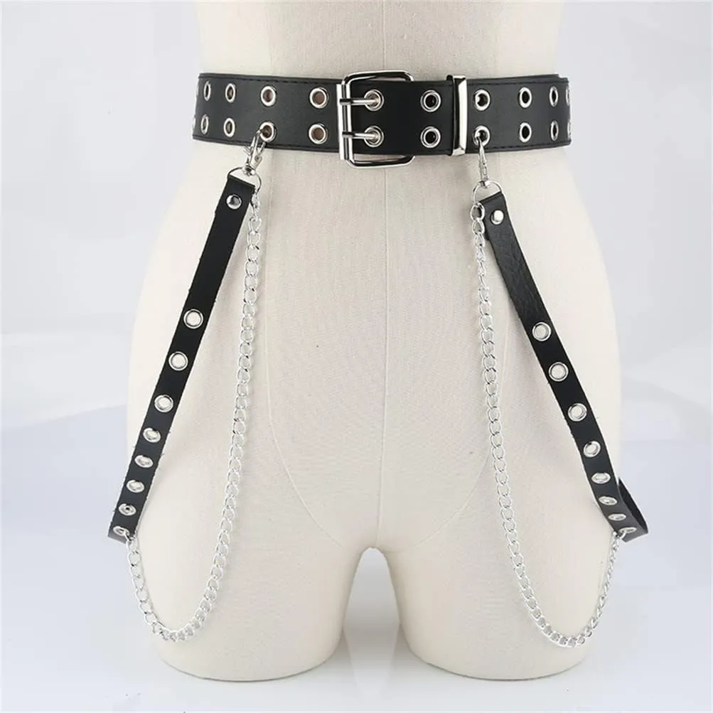 HeiBai Xiong Punk Goth Belts Rock Leather Waist Chain Belt For Women