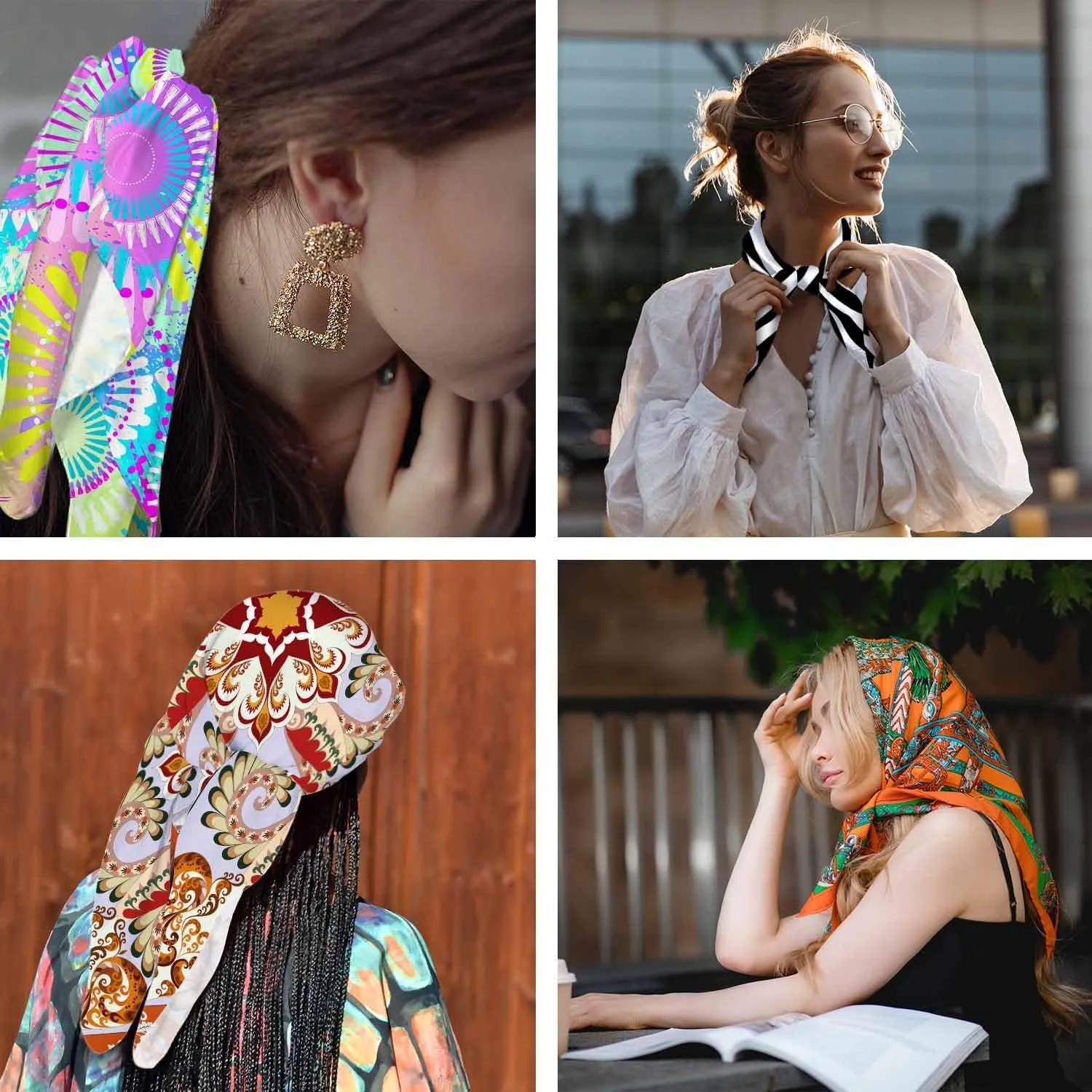 Hibiscus Pattern Head Scarf Silk Feel Like Tropical Green Leaves Red Flowers Bandana Soft for Women Girls