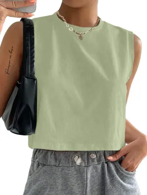 Hilinker Womens Crew Neck Loose Crop Tank Tops Workout Casual Sleeveless T-Shirt