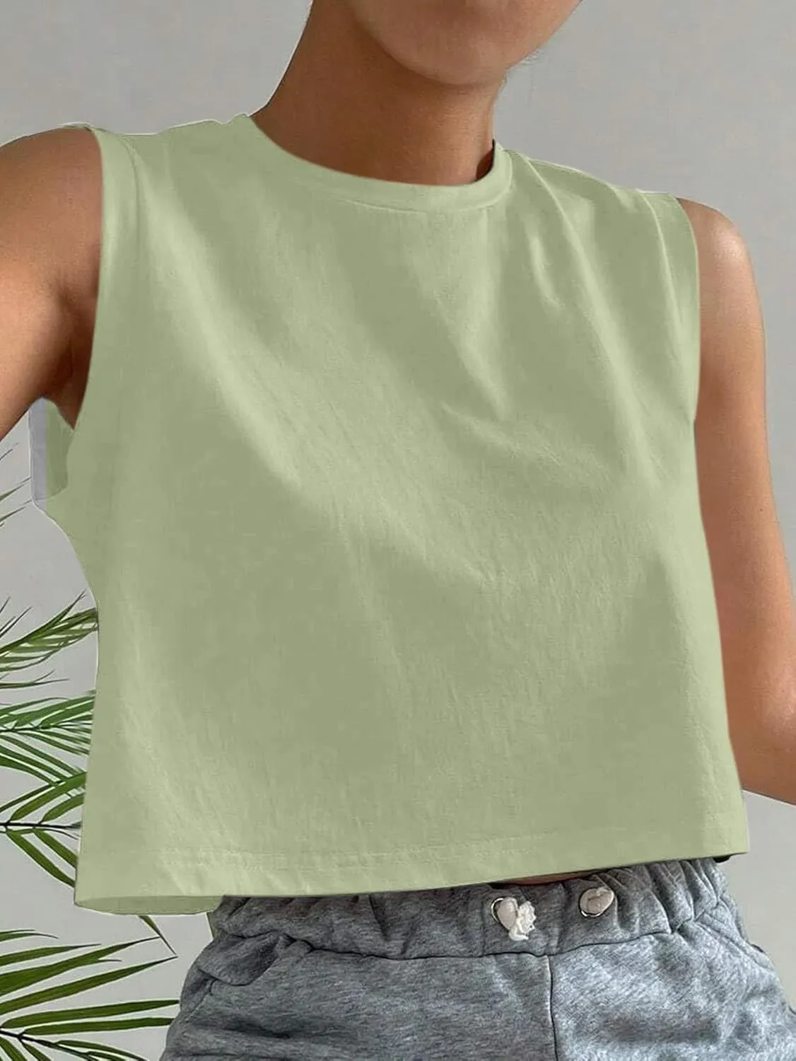 Hilinker Womens Crew Neck Loose Crop Tank Tops Workout Casual Sleeveless T-Shirt