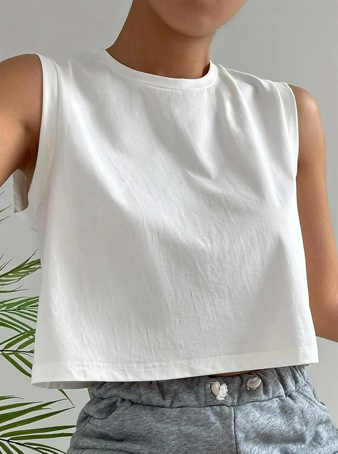 Hilinker Womens Crew Neck Loose Crop Tank Tops Workout Casual Sleeveless T-Shirt