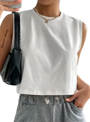 Hilinker Womens Crew Neck Loose Crop Tank Tops Workout Casual Sleeveless T-Shirt