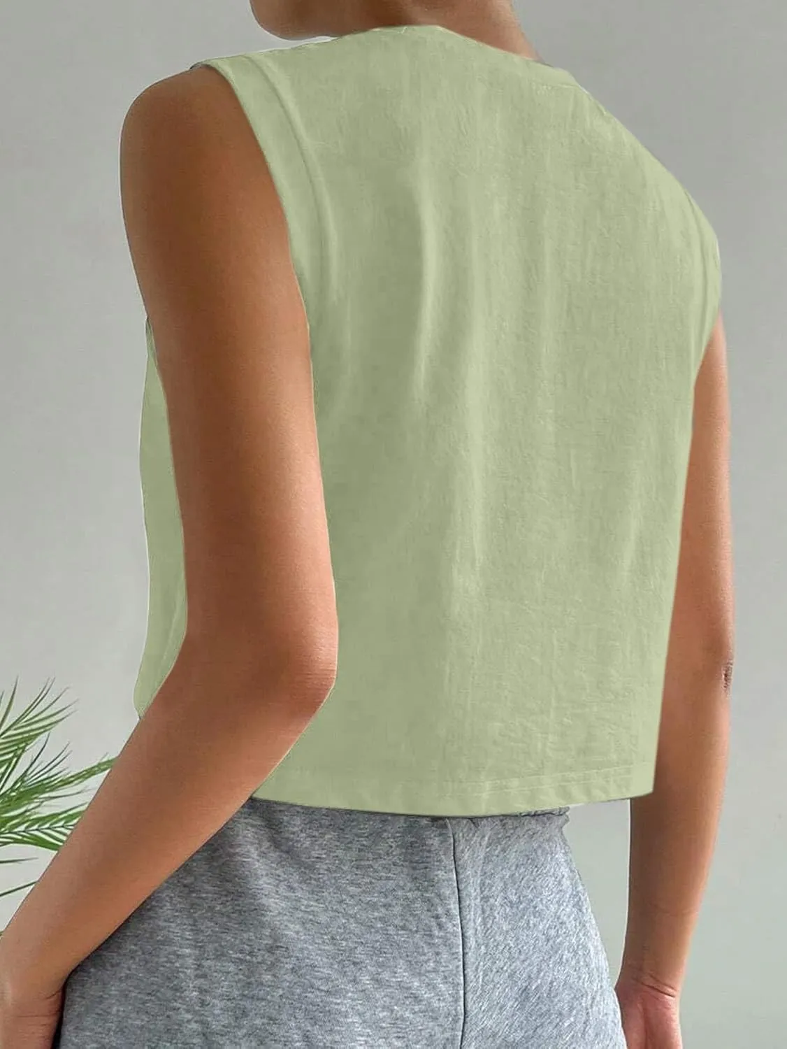 Hilinker Womens Crew Neck Loose Crop Tank Tops Workout Casual Sleeveless T-Shirt