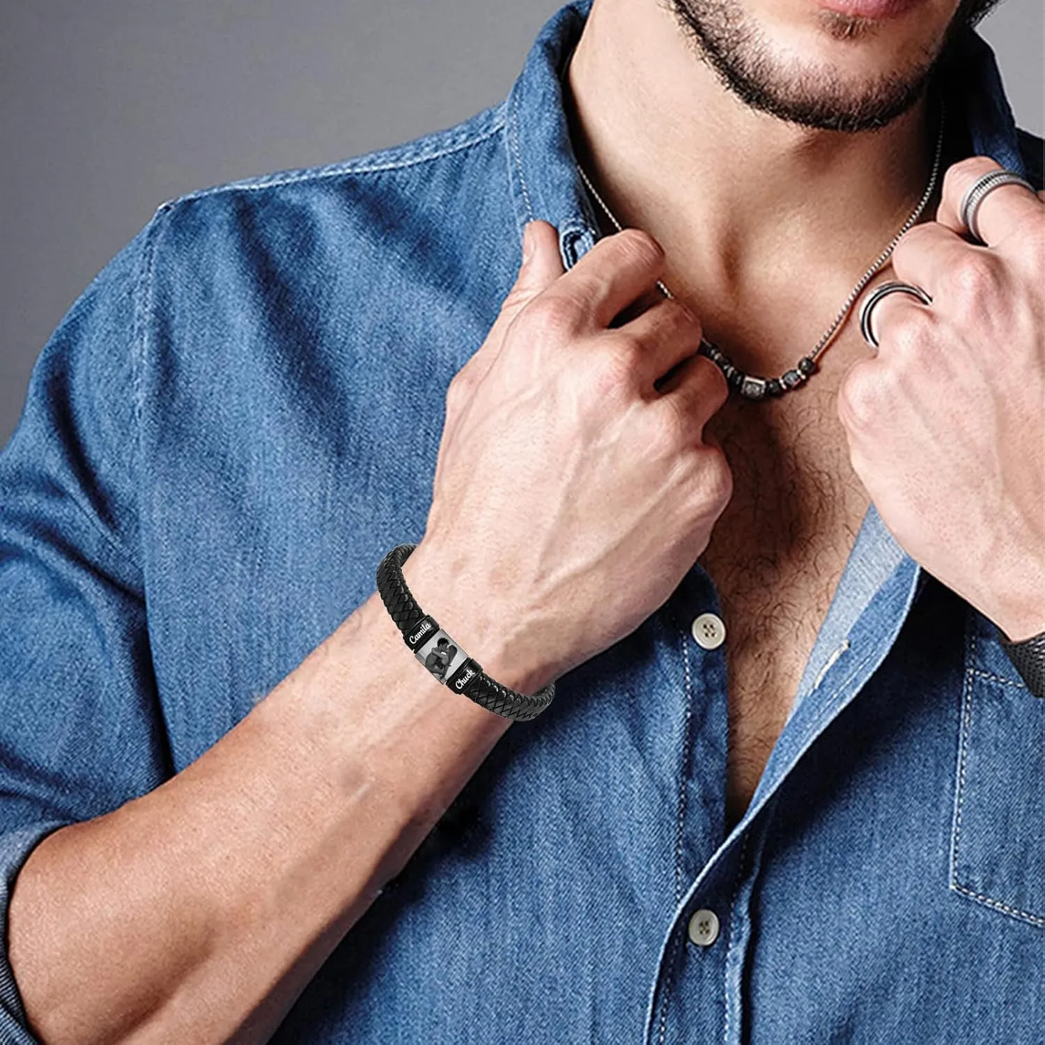 HJX Personalized Picture Bracelet for Men Custom Engraved Bracelets with Photo Name,Valentine's Day To My Man/Love Bracelet Gift for Boyfriend Husband