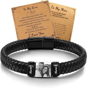 HJX Personalized Picture Bracelet for Men Custom Engraved Bracelets with Photo Name,Valentine's Day To My Man/Love Bracelet Gift for Boyfriend Husband