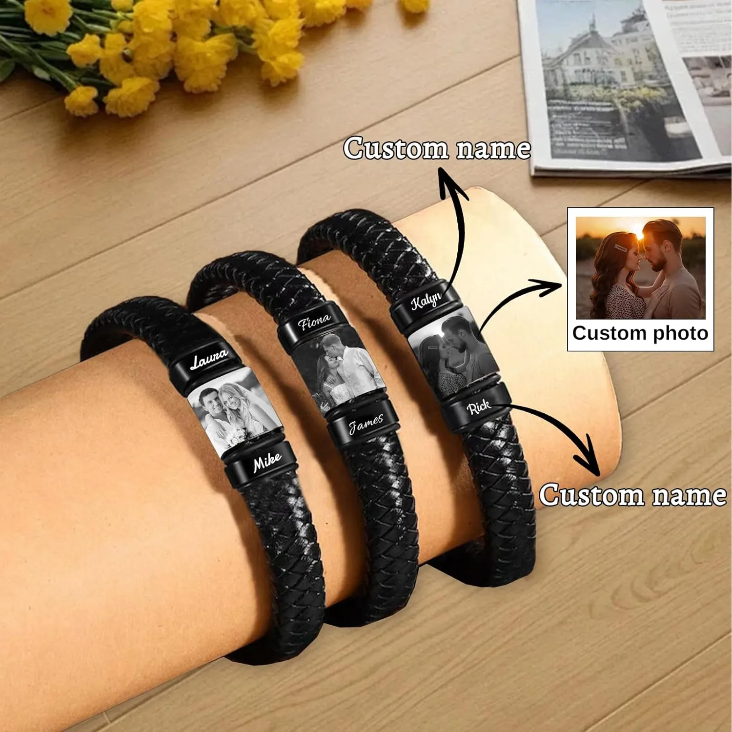 HJX Personalized Picture Bracelet for Men Custom Engraved Bracelets with Photo Name,Valentine's Day To My Man/Love Bracelet Gift for Boyfriend Husband