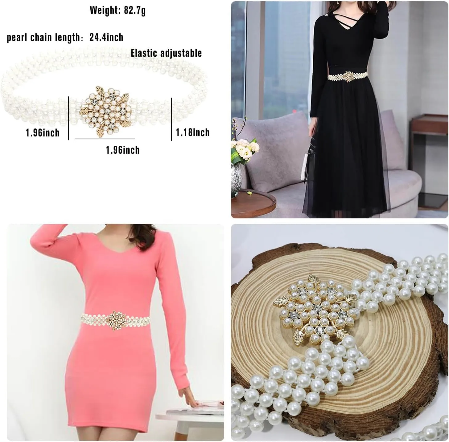 HSQYJ Pearl Elastic Chain Belt Adjustable Stretchy Metal Crystal Flower Buckle Waist Belt Western Body Jewelry for Women Girl
