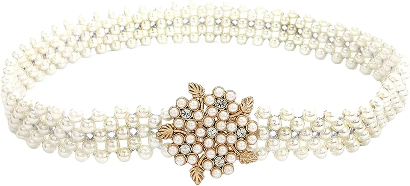 HSQYJ Pearl Elastic Chain Belt Adjustable Stretchy Metal Crystal Flower Buckle Waist Belt Western Body Jewelry for Women Girl