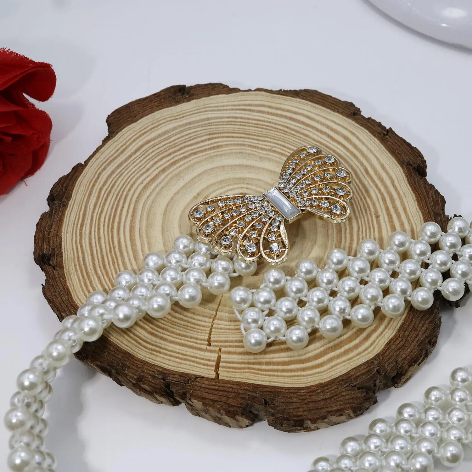 HSQYJ Pearl Elastic Chain Belt Adjustable Stretchy Metal Crystal Flower Buckle Waist Belt Western Body Jewelry for Women Girl