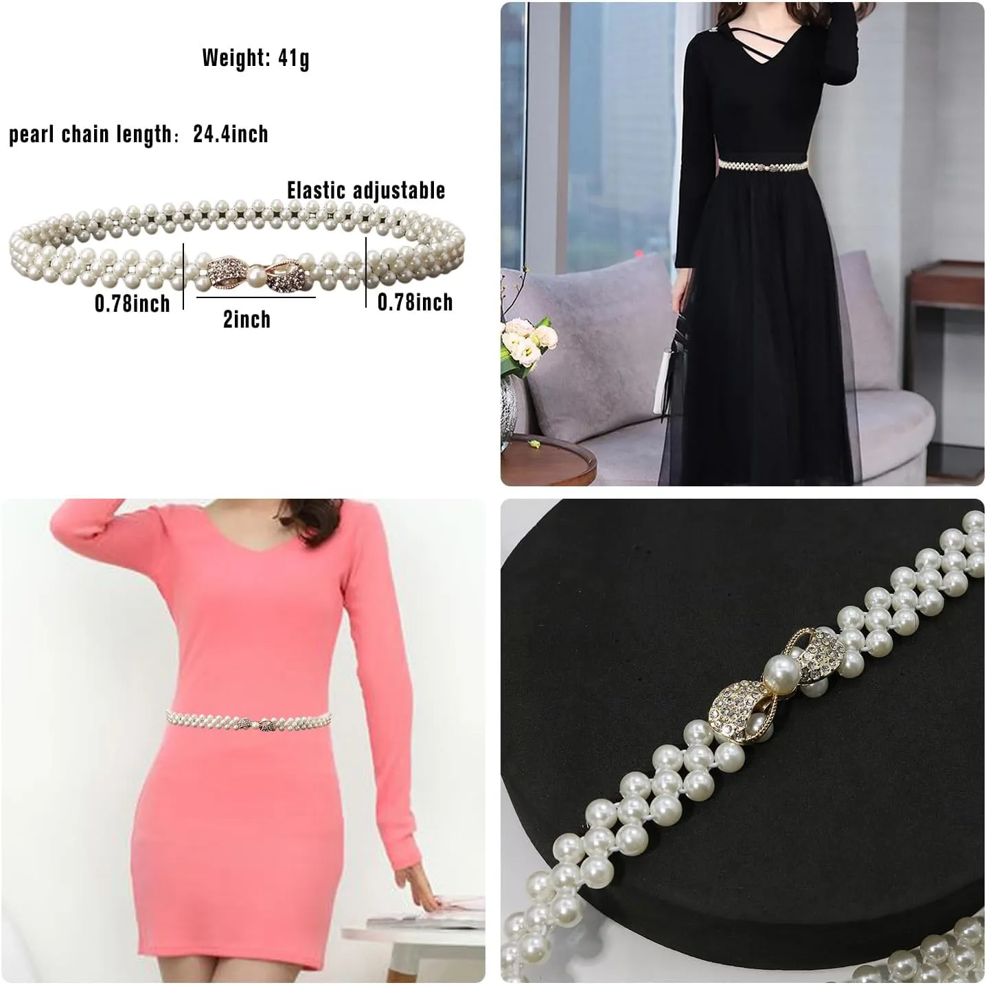 HSQYJ Pearl Elastic Chain Belt Adjustable Stretchy Metal Crystal Flower Buckle Waist Belt Western Body Jewelry for Women Girl