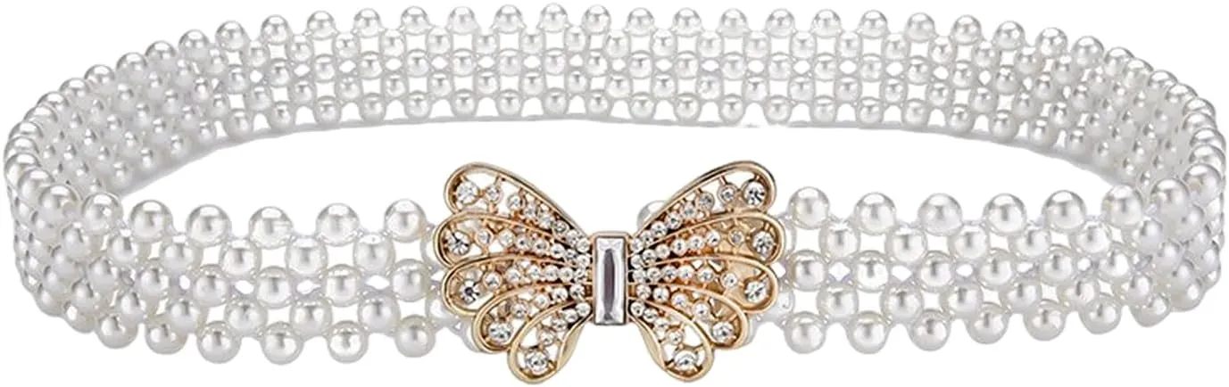 HSQYJ Pearl Elastic Chain Belt Adjustable Stretchy Metal Crystal Flower Buckle Waist Belt Western Body Jewelry for Women Girl