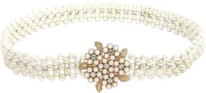 HSQYJ Pearl Elastic Chain Belt Adjustable Stretchy Metal Crystal Flower Buckle Waist Belt Western Body Jewelry for Women Girl