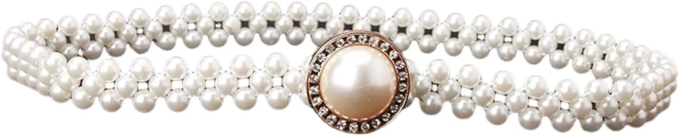 HSQYJ Pearl Elastic Chain Belt Adjustable Stretchy Metal Crystal Flower Buckle Waist Belt Western Body Jewelry for Women Girl