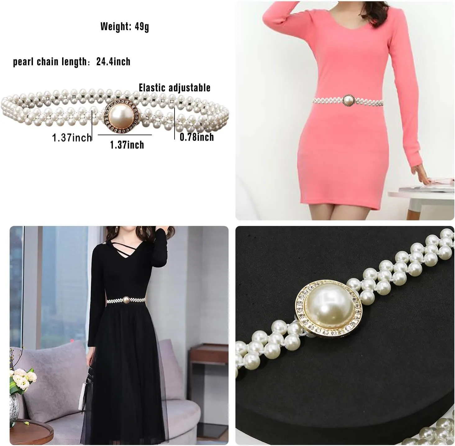 HSQYJ Pearl Elastic Chain Belt Adjustable Stretchy Metal Crystal Flower Buckle Waist Belt Western Body Jewelry for Women Girl