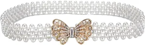 HSQYJ Pearl Elastic Chain Belt Adjustable Stretchy Metal Crystal Flower Buckle Waist Belt Western Body Jewelry for Women Girl