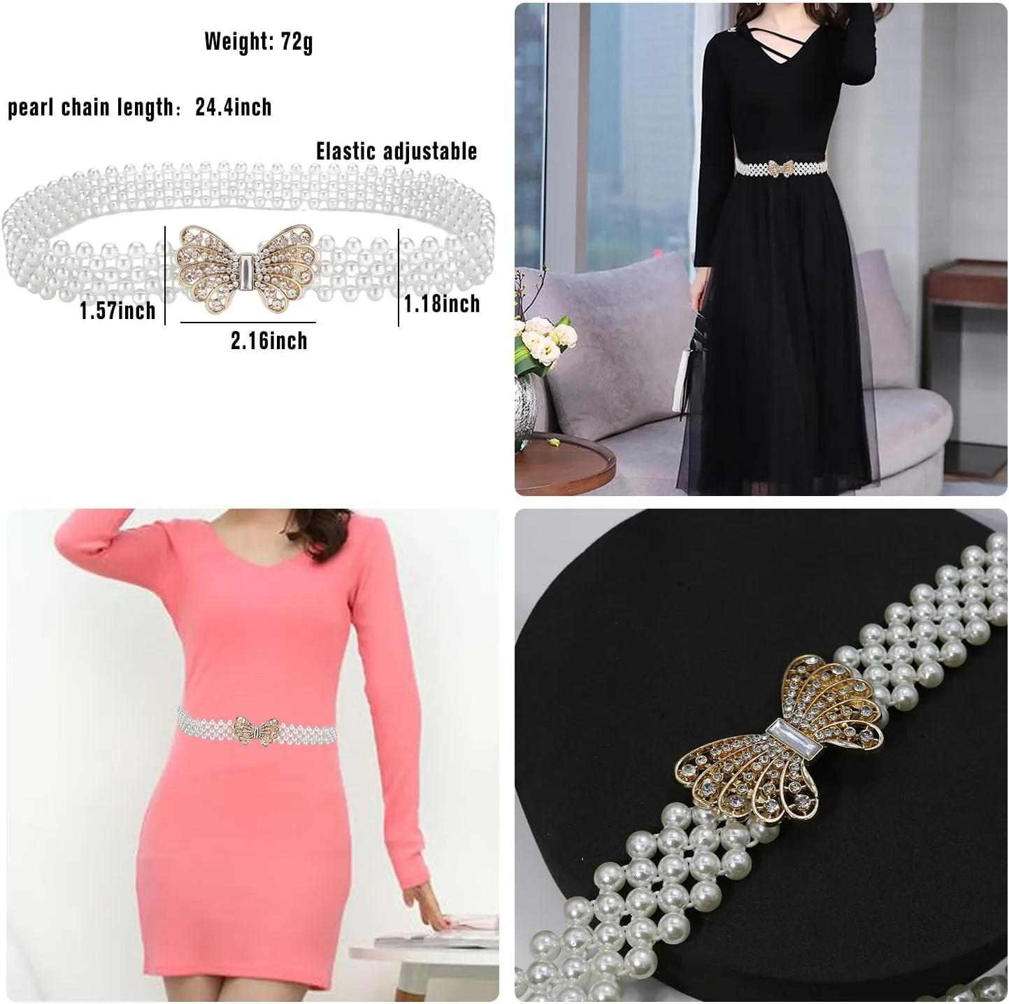 HSQYJ Pearl Elastic Chain Belt Adjustable Stretchy Metal Crystal Flower Buckle Waist Belt Western Body Jewelry for Women Girl