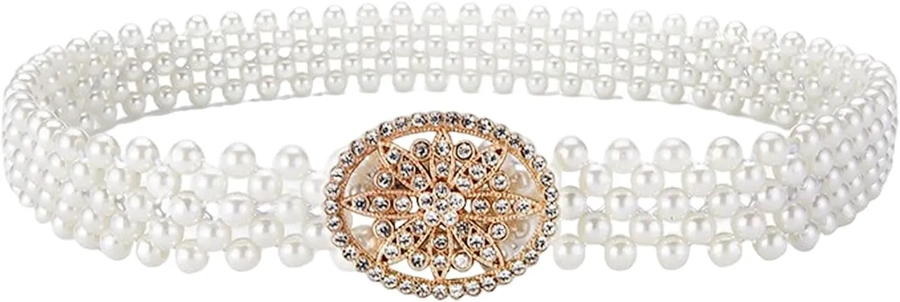 HSQYJ Pearl Elastic Chain Belt Adjustable Stretchy Metal Crystal Flower Buckle Waist Belt Western Body Jewelry for Women Girl