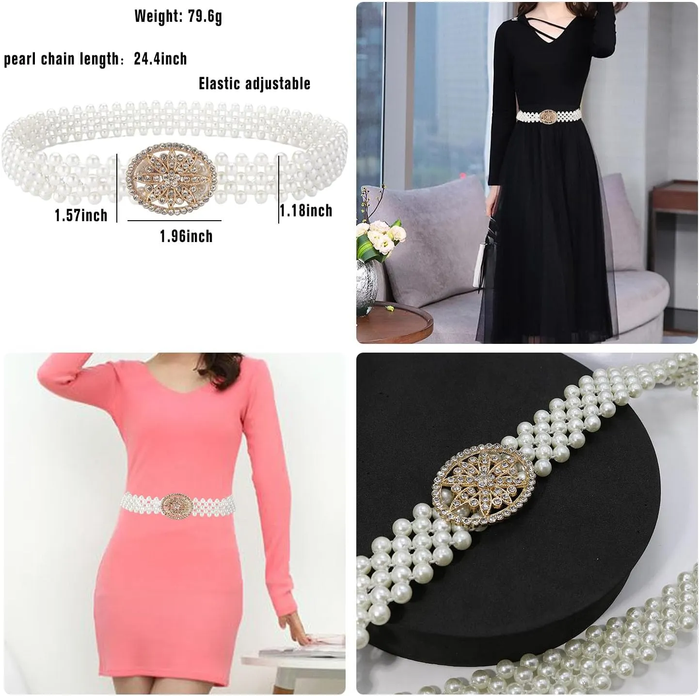 HSQYJ Pearl Elastic Chain Belt Adjustable Stretchy Metal Crystal Flower Buckle Waist Belt Western Body Jewelry for Women Girl