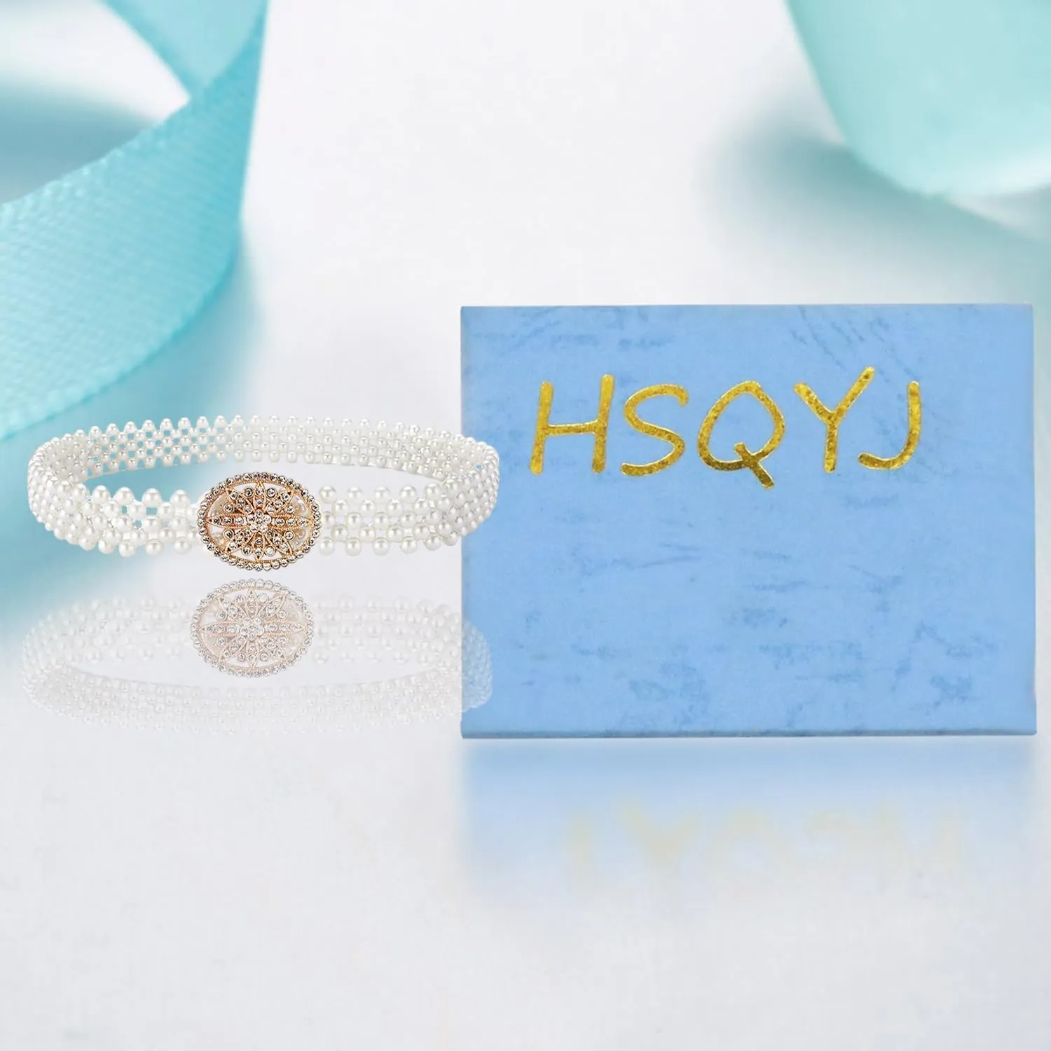 HSQYJ Pearl Elastic Chain Belt Adjustable Stretchy Metal Crystal Flower Buckle Waist Belt Western Body Jewelry for Women Girl