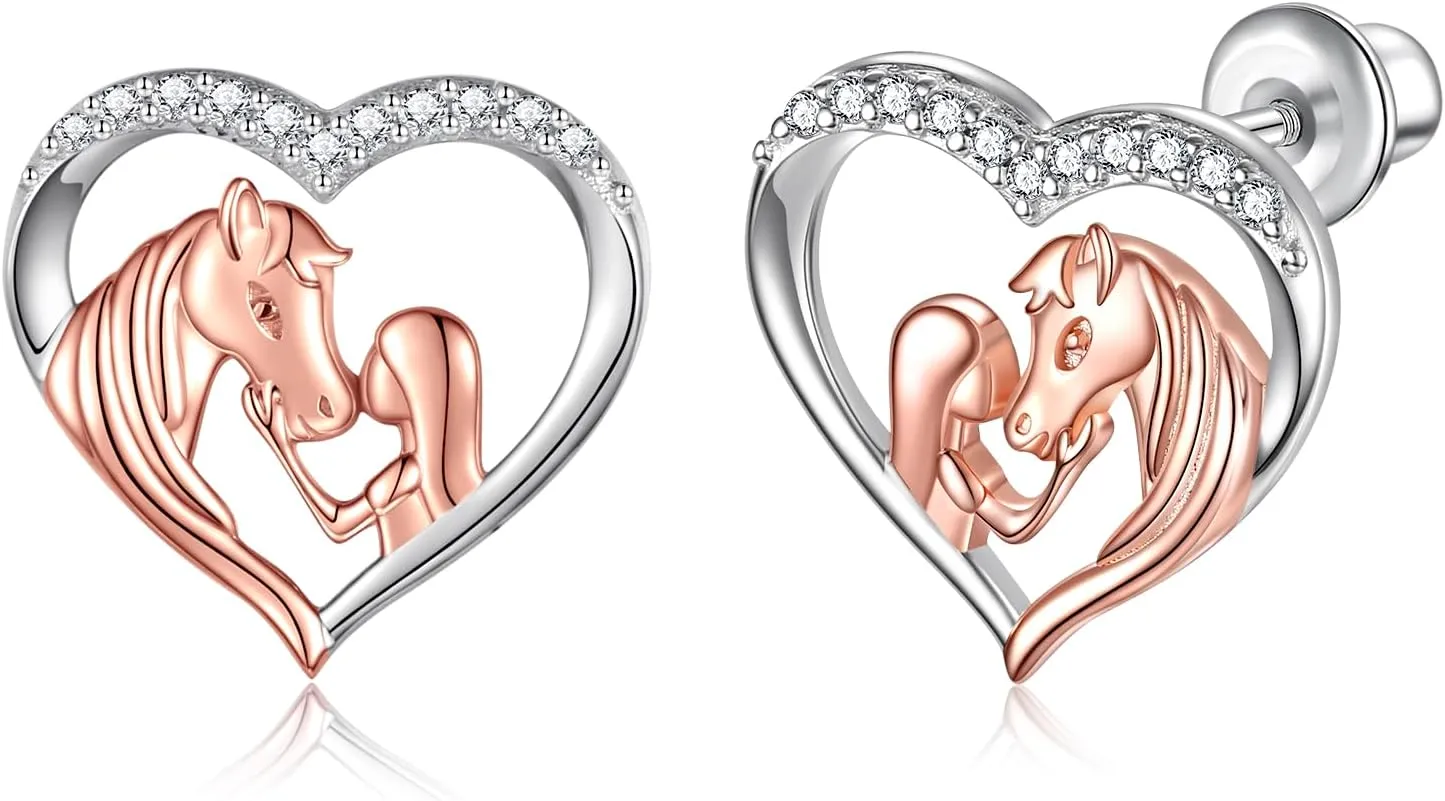 Hypoallergenic Lucky Horse Stud Earrings 925 Sterling Silver Lucky Horse in Heart earrings Embrace Horse earrings Equestrian Birthday Gift