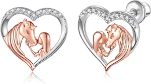 Hypoallergenic Lucky Horse Stud Earrings 925 Sterling Silver Lucky Horse in Heart earrings Embrace Horse earrings Equestrian Birthday Gift